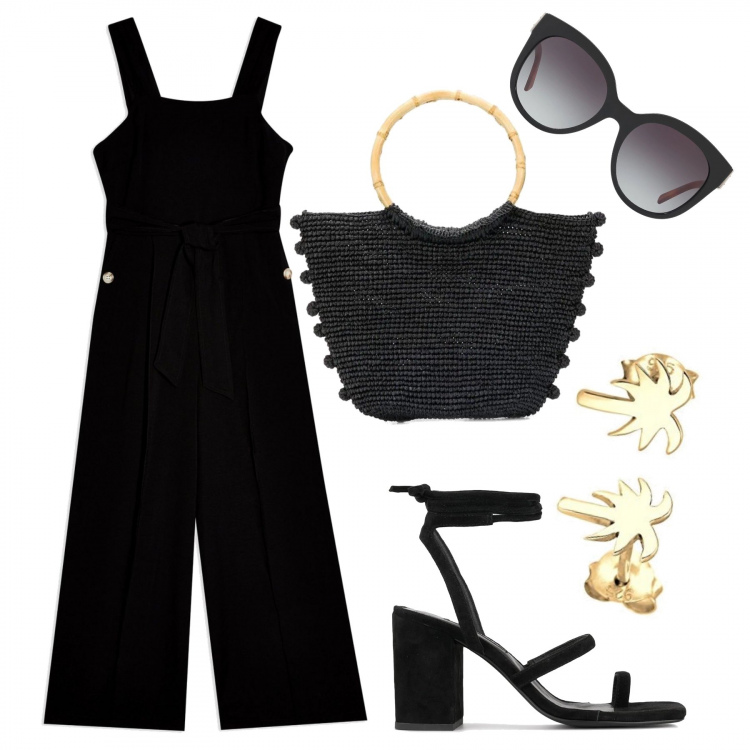 Outfit mujer - Stylish jumpsuit. Estilo Trendy para Todos los días. Combinación con collares, chándales, sandalias de tacón, gafas de sol, bolso shopper.
