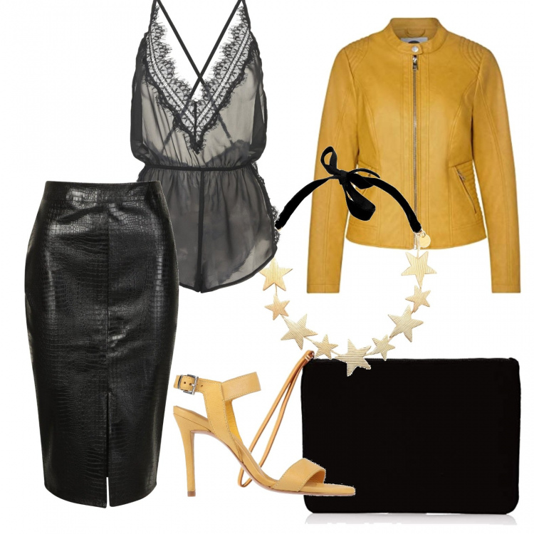 Outfit donna - Supersexy. Stile Sexy per Serata fuori. Abbinamento con corpo, sandali col tacco, collane, gonna longuette, blazer, borse a mano.