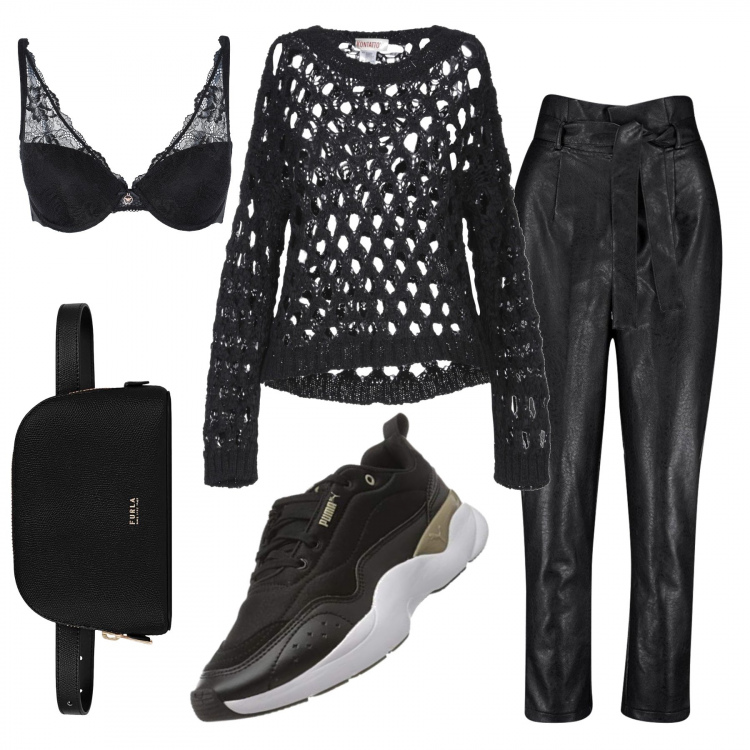 Outfit mujer - Transparencias. Estilo Urban para Todos los días. Combinación con sneakers, suéter, pantalones largos, sujetadores.