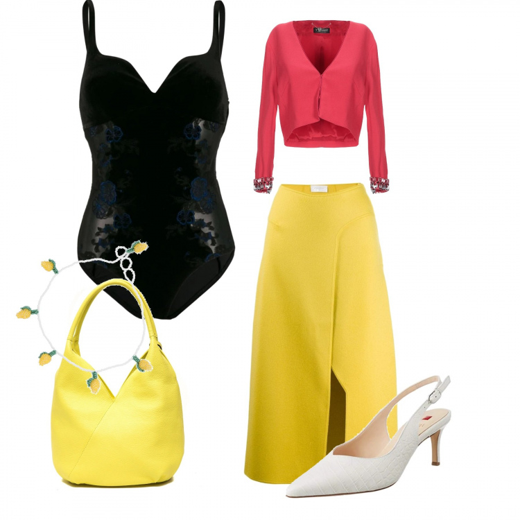 Outfit donna - #amalfi. Stile Bon Ton per Ufficio. Abbinamento con blazer, collane, body, gonna, borsa, scarpe col tacco.