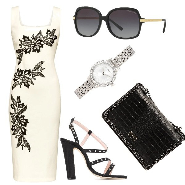 Outfit donna - 50 e più volte bella. Stile Chic per Serata fuori. Abbinamento con vestiti corti, occhiali da sole, orologi, sandali col tacco, borsa a tracolla.