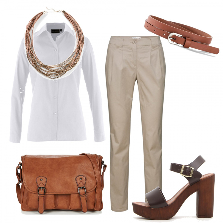 Outfit donna - La camicia bianca. Stile Trendy per Tutti i giorni. Abbinamento con pantaloni chino, camicie, collane, slip, borsa a tracolla, sandali.