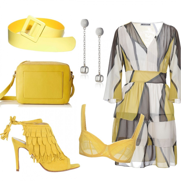 Outfit donna - Vedo non Vedo. Stile Chic per Serata fuori. look ideale per Petite. Abbinamento con vestiti corti, sandali col tacco, reggiseni, cintura, borse a spalla, orecchini.