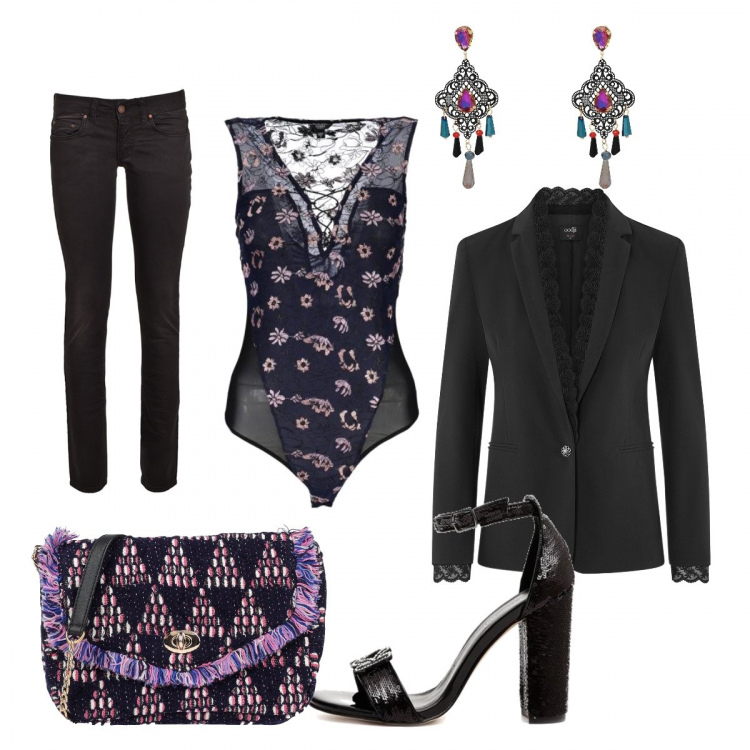 Outfit donna - Lingerie a vista. Stile Sexy per Tutti i giorni. Abbinamento con borse a spalla, orecchini, sandali, body, blazer, pantaloni.