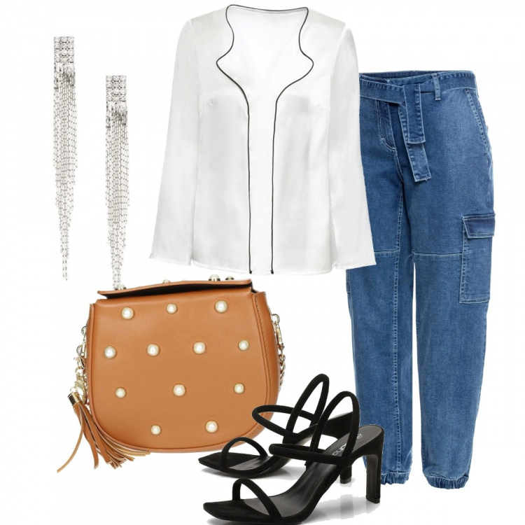 Outfit donna - Curvy style: il Jeans baggy. Stile Trendy per Tutti i giorni. Abbinamento con shopping bag, camicie, orecchini, cavigliere, borsa a spalla.