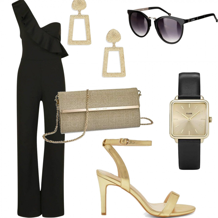 Outfit mujer - Todo al dorado. Estilo Chic para Noche/Fiesta elegante. Combinación con relojes analógicos, gafas de sol, zapatos de tacón, pendientes.