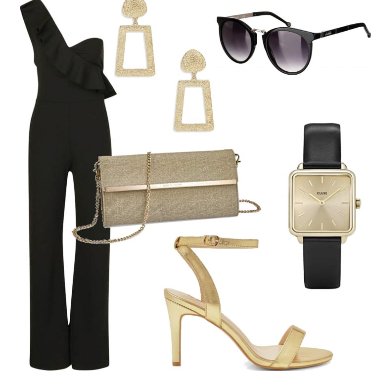 Outfit mujer - Todo al dorado. Estilo Chic para Noche/Fiesta elegante. Combinación con relojes analógicos, gafas de sol, zapatos de tacón, pendientes.