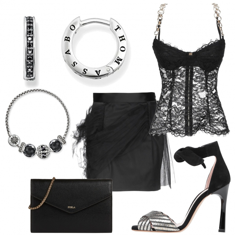 Outfit mujer - Total Noche. Estilo Sexy para Noche/Fiesta elegante. Combinación con pendientes, pulseras, top, minifaldas, sandalias romanas, portamonete.