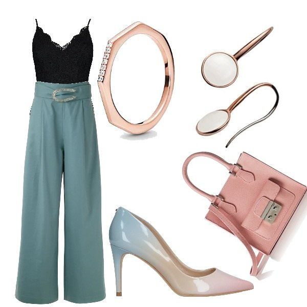 Outfit femme - Aquarelle. Style Chic pour Cérémonie. Assortir avec pantalon palazzo, escarpins, body, sacs à main, boucles d'oreilles, bagues.