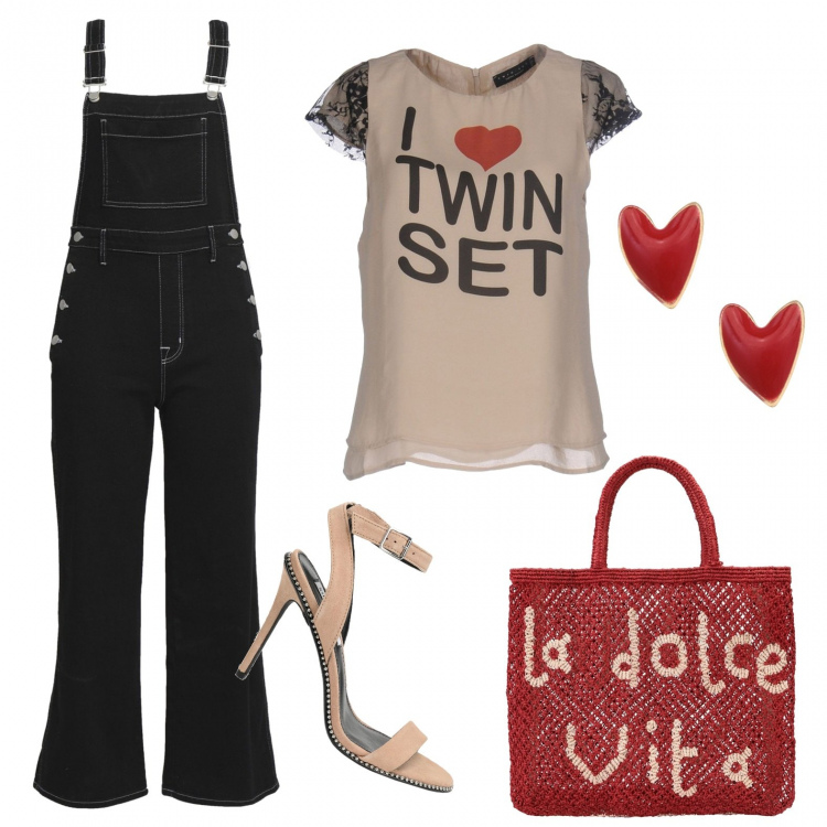 Outfit femme - En talons avec une salopette. Style Tendance pour Tous les jours. Assortir avec tuniques, sacs à main, sandales à talon, jumpsuit, salopettes et playsuit, boucles d'oreilles.