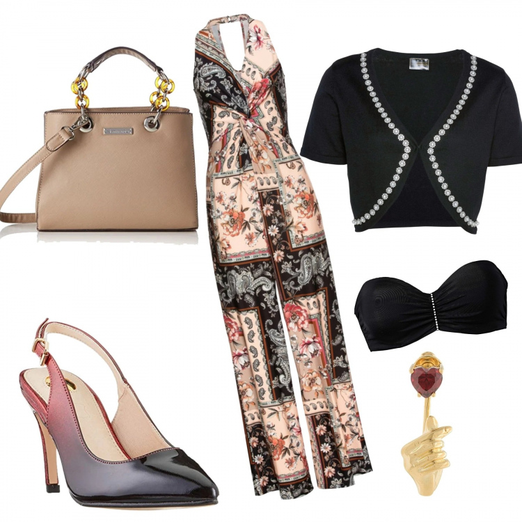 Outfit femme - Belle en dos nu. Style Bon Ton pour Tous les jours. Assortir avec chaussures à talon, soutiens-gorge, boléro, chaussures à talon, boucles d'oreilles, sac à main.