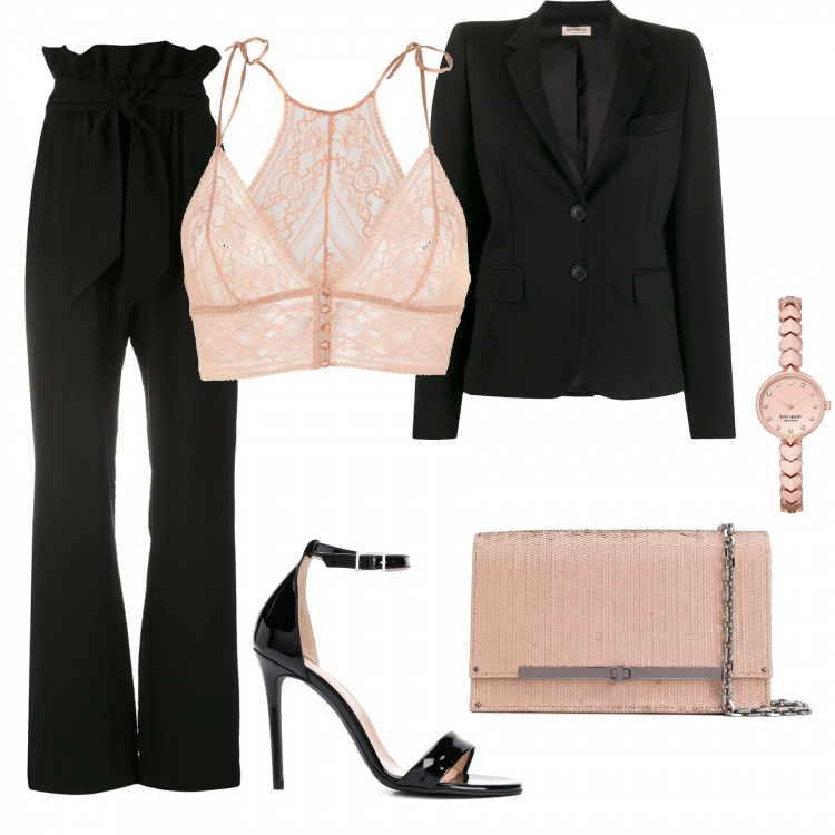 Outfit mujer - Traje femenino. Estilo Chic para Noche/Fiesta elegante. Combinación con sujetadores, blazer, reloj, sandalias de tacón.