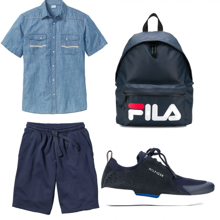 Outfit uomo - Urban #5369. Stile Urban per Tutti i giorni. Abbinamento con bermuda, camicie a manica corta, sneakers, borse sportive.