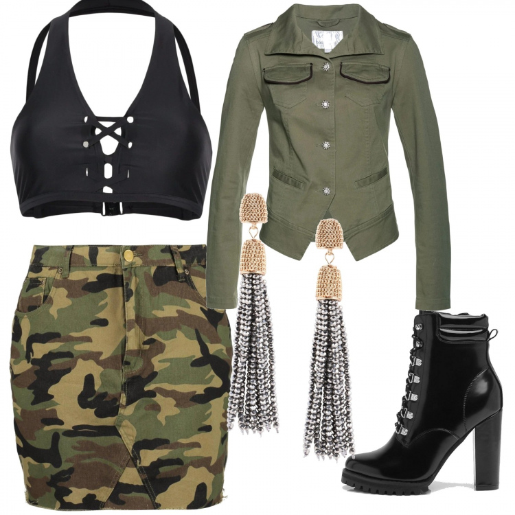 Outfit femme - Armée sexy. Style Rock pour Tous les jours. Assortir avec t-shirts, chaussures de sport, boucles d'oreilles.