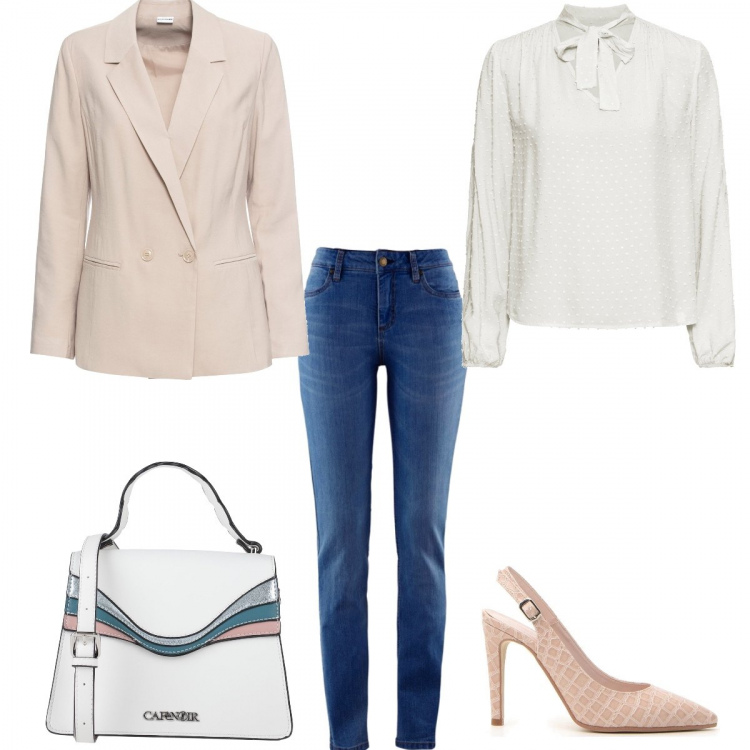 Outfit donna - Focus Donna # Curvy Style in Jeans. Stile Bon Ton per Ufficio. Abbinamento con jeans skinny, bluse, blazer, borse a mano, décolleté.