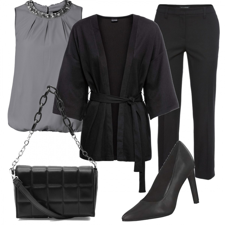 Outfit donna - Elegante la giacca kimono. Stile Chic per Serata fuori. Abbinamento con pantaloni, sciarpe, bluse, borsa a tracolla, scarpe col tacco.