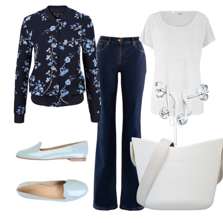 Outfit donna - Basic #19290. Stile Basic per Ufficio. Abbinamento con bomber, jeans bootcut, t-shirt, borse a spalla, mocassini, orecchini.