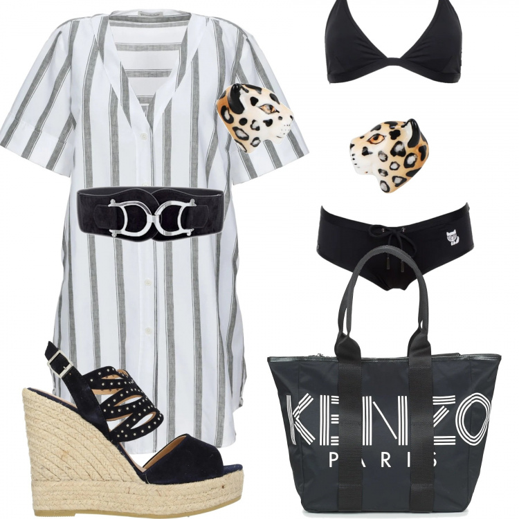 Outfit donna - Trendy #30456. Stile Trendy per Mare. Abbinamento con cinture, camicia, orecchini, sandali col tacco, borsa tote, bikini.