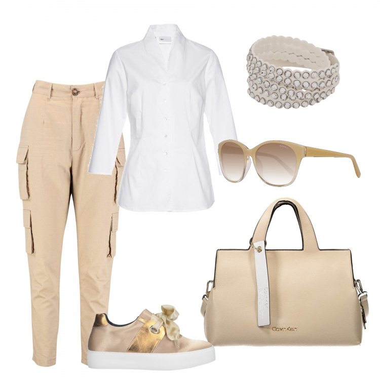 Outfit donna - La snichers trendy. Stile Trendy per Tutti i giorni. Abbinamento con camicie, sneakers, braccialetti, pantaloni cargo, borse a mano, occhiali da sole.