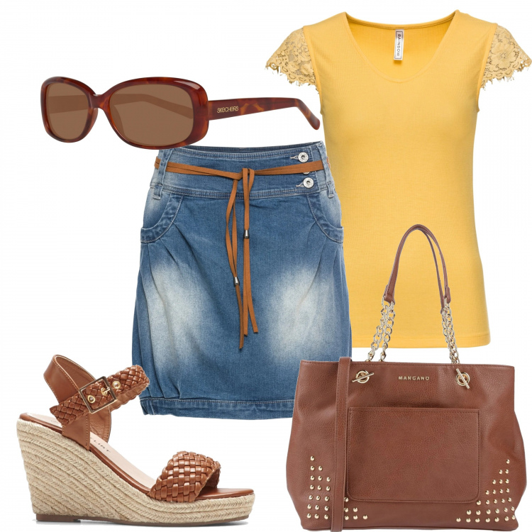 Outfit donna - Trendy #30479. Stile Trendy per Tutti i giorni. Abbinamento con minigonne, maglia, sandali col tacco, borsa a mano, occhiali da sole.