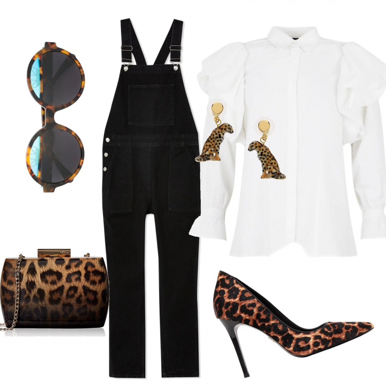 Outfit femme - Animale et salopette. Style Tendance pour Tous les jours. Assortir avec jumpsuit, salopettes et playsuit, chaussures à talon, boucles d'oreilles, clutchs et pochettes, lunettes de soleil.
