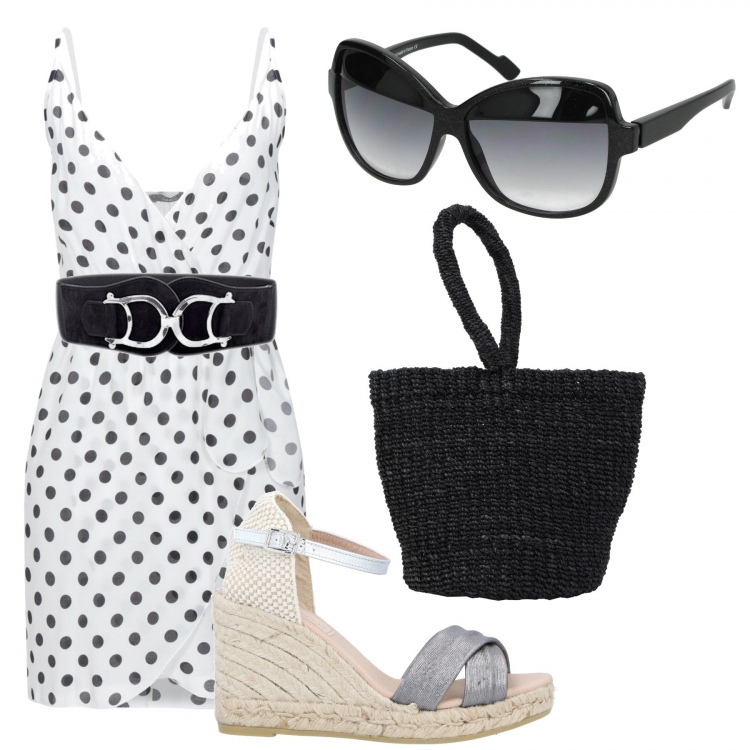 Outfit donna - Trendy #30554. Stile Trendy per Tutti i giorni. Abbinamento con cinture, vestiti corti, borse a mano, sandali col tacco, occhiali da sole.