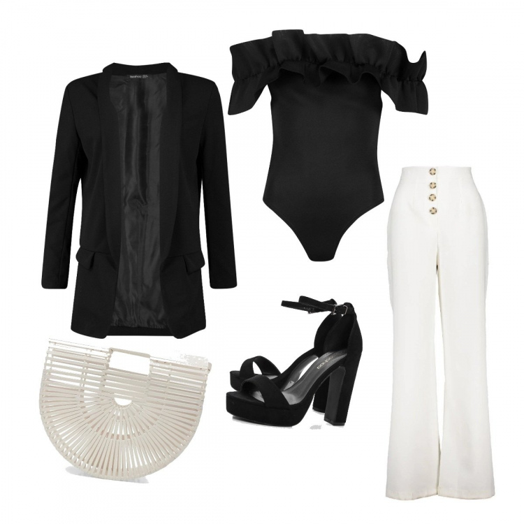 Outfit donna - Bon Ton #14663. Stile Bon Ton per Serata fuori. Abbinamento con pantaloni a palazzo, blazer, corpo, scarpe col tacco, borsa.
