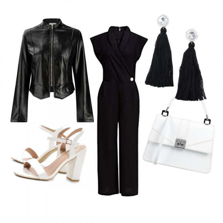Outfit donna - In tuta ma chic!. Stile Chic per Serata fuori. Abbinamento con scarpa col tacco, borse a mano, orecchini, tute, blazer.