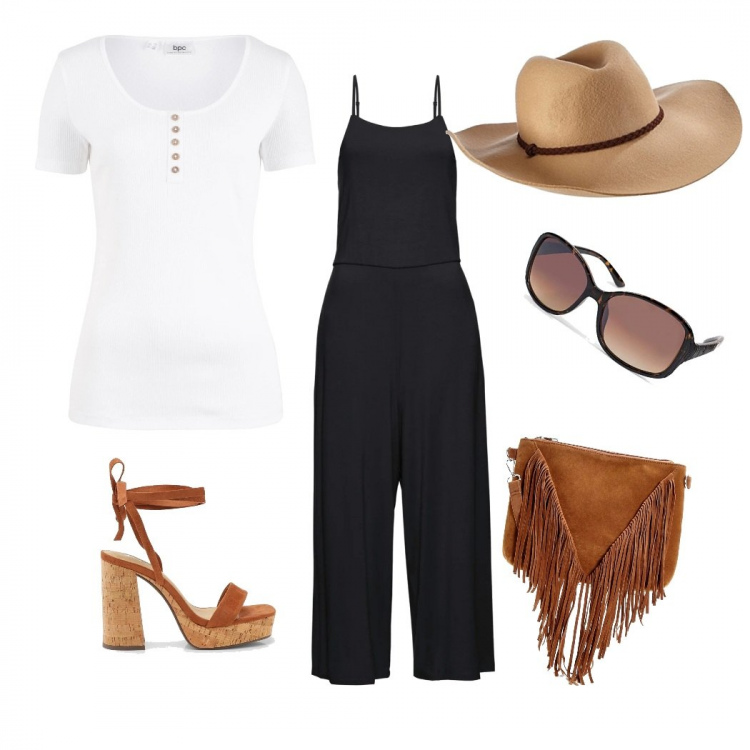 Outfit femme - Tendance #30864. Style Tendance pour Tous les jours. Assortir avec combinaisons, t-shirts et polos, sacs en bandoulière, chaussures à talon, chapeaux, lunettes de soleil.