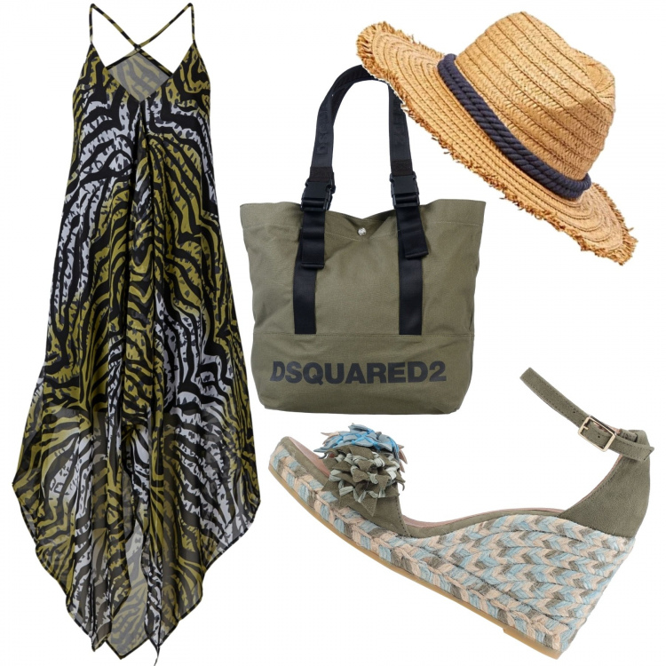 Outfit donna - Trendy #30599. Stile Trendy per Mare. Abbinamento con vestiti da spiaggia, sandali col tacco, borsa a mano, berretti.