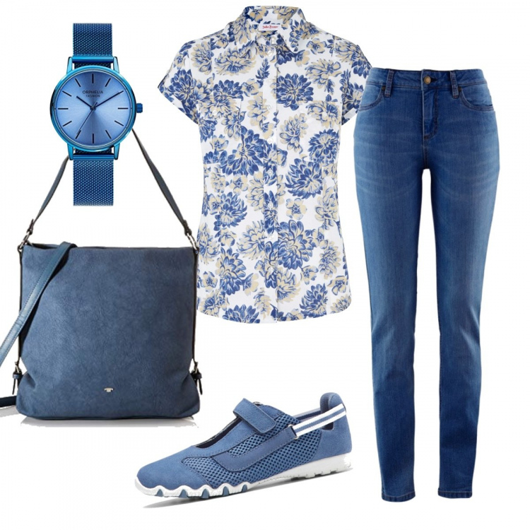 Outfit donna - Basic #19351. Stile Basic per Tutti i giorni. Abbinamento con jeans skinny, camicie a manica corta, mocassini, borse a tracolla, orologi.
