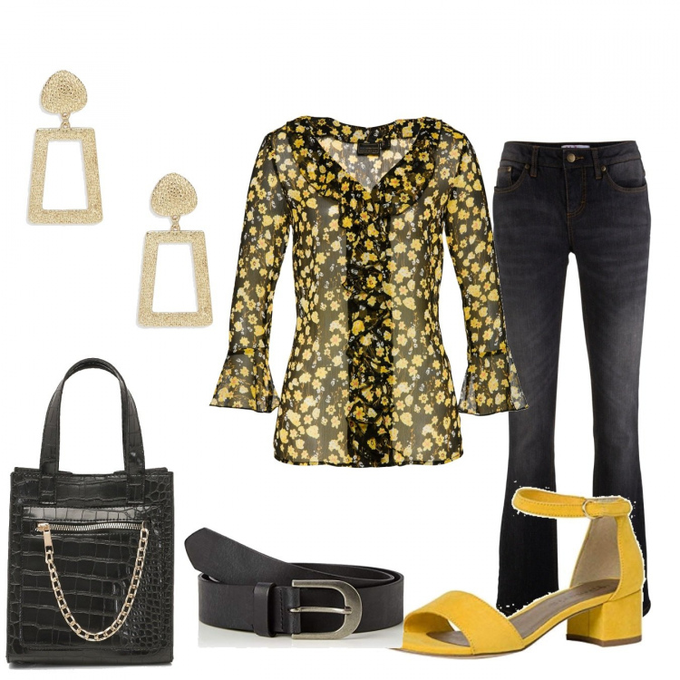 Outfit donna - Il jeans nero. Stile Trendy per Tutti i giorni. Abbinamento con jeans bootcut, tuniche, borsa tote, orecchini, sandali, cintura.