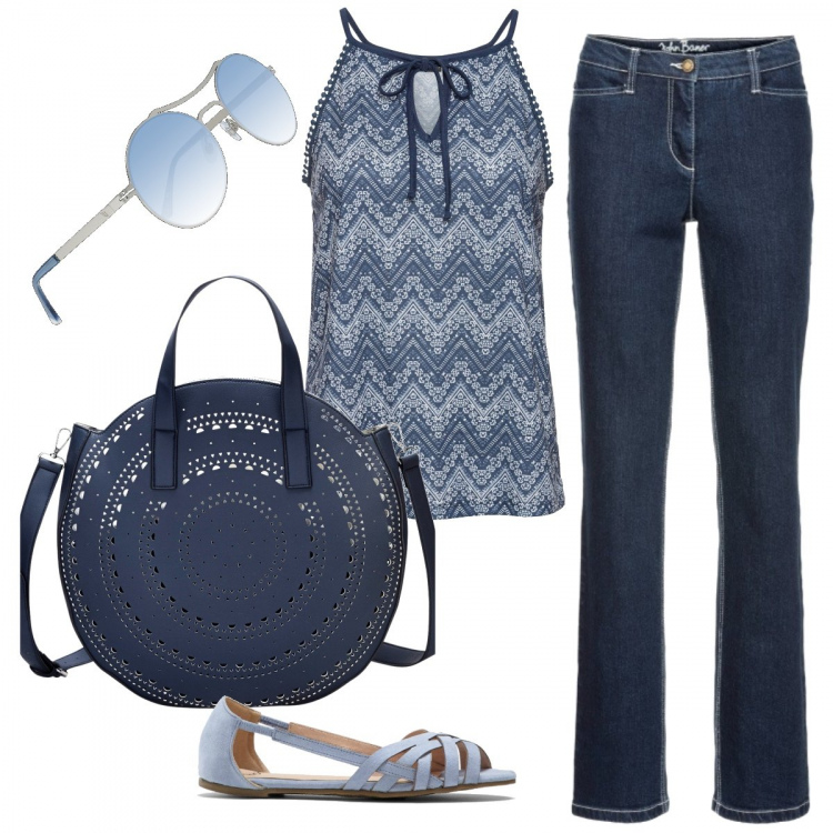 Outfit donna - Jeans per tutte le taglie. Stile Basic per Tutti i giorni. look ideale per Tall. Abbinamento con vestiti, jeans dritti, ballerine, portafogli, occhiali da sole.