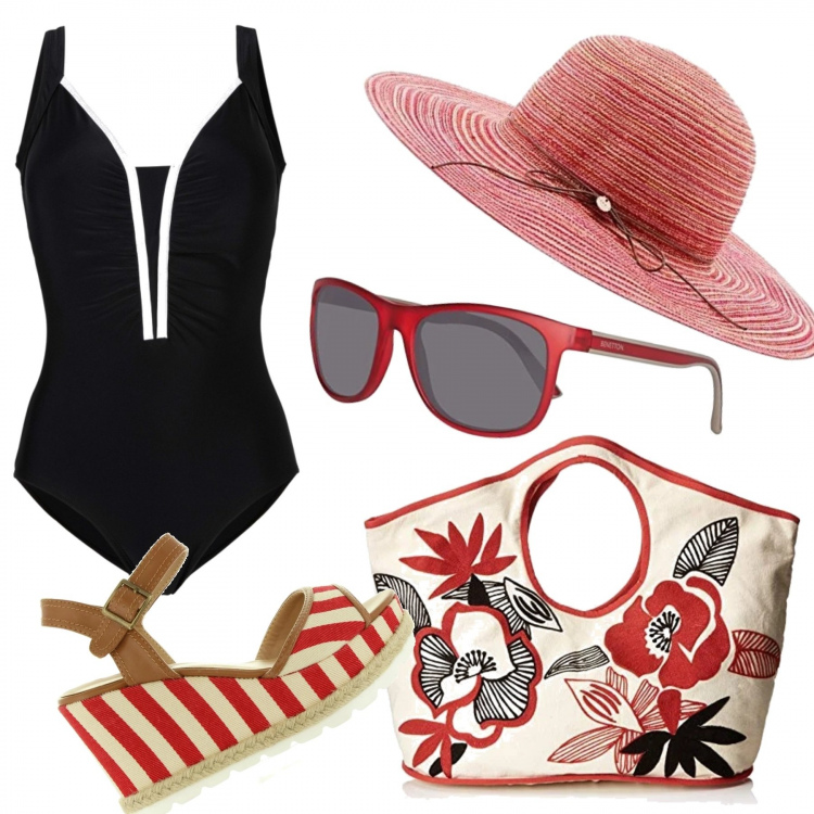 Outfit donna - Trendy #30744. Stile Trendy per Mare. Abbinamento con costumi interi, borsa a spalla, occhiali da sole, sandali, cappelli.