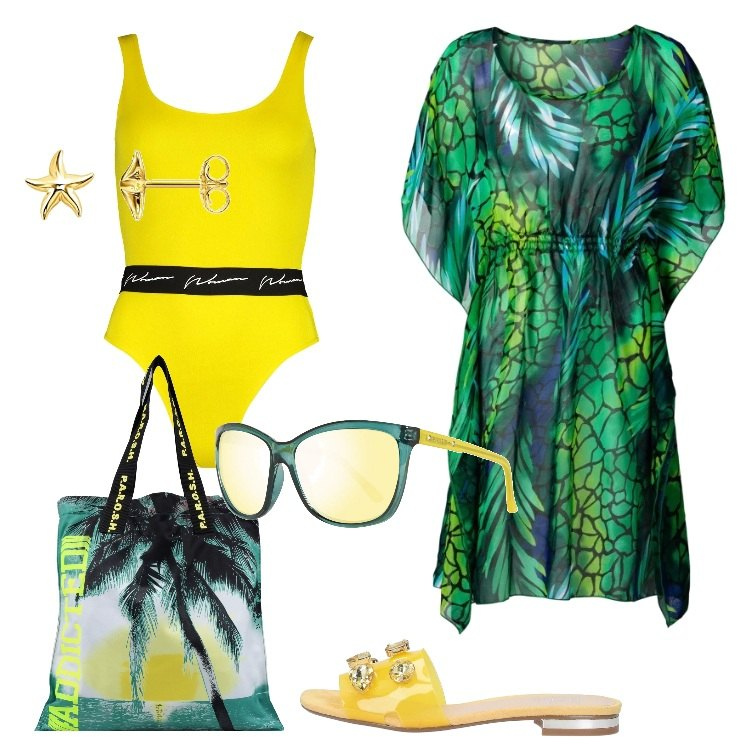 Outfit donna - Jungle trend. Stile Trendy per Mare. Abbinamento con vestiti da spiaggia, sandali, borse a mano, costume, orecchini, occhiali da sole.