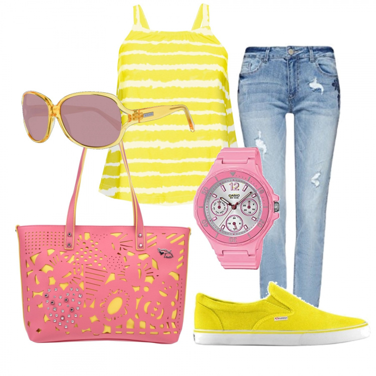 Outfit donna - Urban #12949. Stile Urban per Tutti i giorni. Abbinamento con maglieria, borse a spalla, scarpe, jeans slim fit, orologi, occhiali da sole.