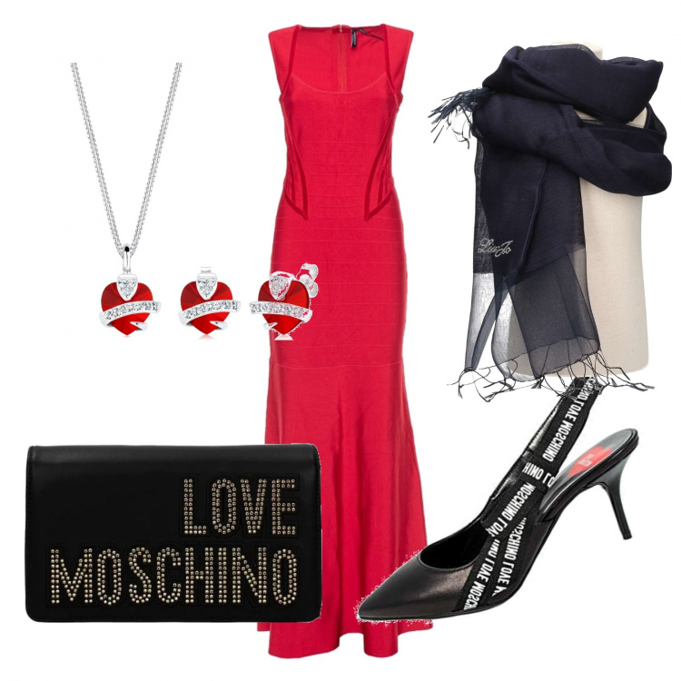 Outfit donna - Rouge. Stile Sexy per Serata fuori. Abbinamento con pochette, sciarpe, vestiti, décolleté, collana in argento 925.