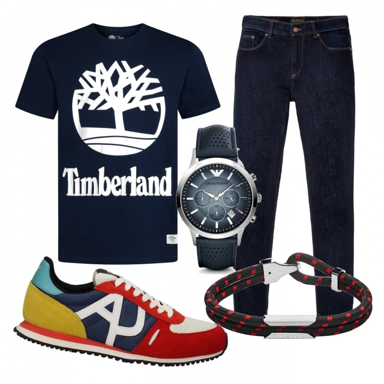 Outfit uomo - Casual #9653. Stile Casual per Tutti i giorni. Abbinamento con jeans dritti, braccialetti, sneakers, t-shirt, orologi.