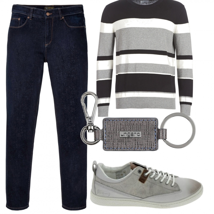 Outfit uomo - Urban #5419. Stile Urban per Tutti i giorni. Abbinamento con jeans dritti, portachiavi, scarpa, maglioni.