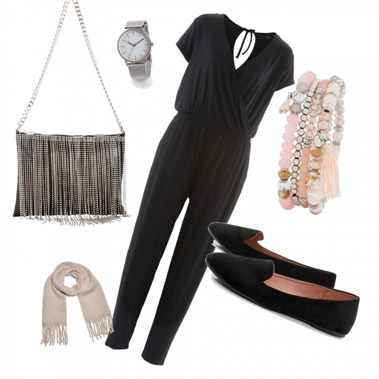 Outfit donna - Shopping in città. Stile Urban per Tutti i giorni. Abbinamento con tute, braccialetti, borse a mano, orologio, ballerine, sciarpe.