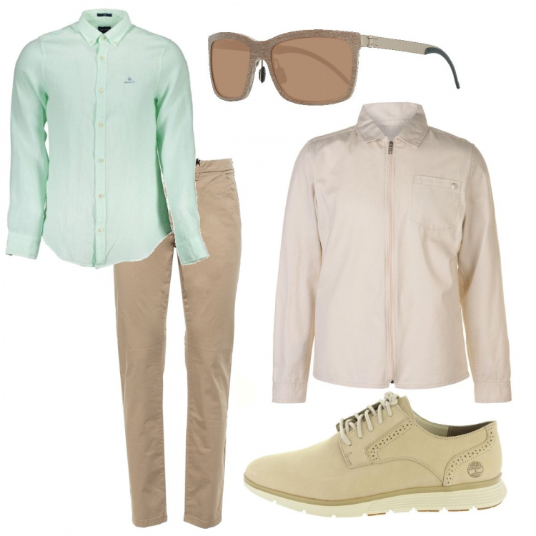 Outfit uomo - Casual. Stile Casual per Ufficio. Abbinamento con pantalone lungo, stivali sopra il ginocchio, camicie, occhiali da sole, giacca.
