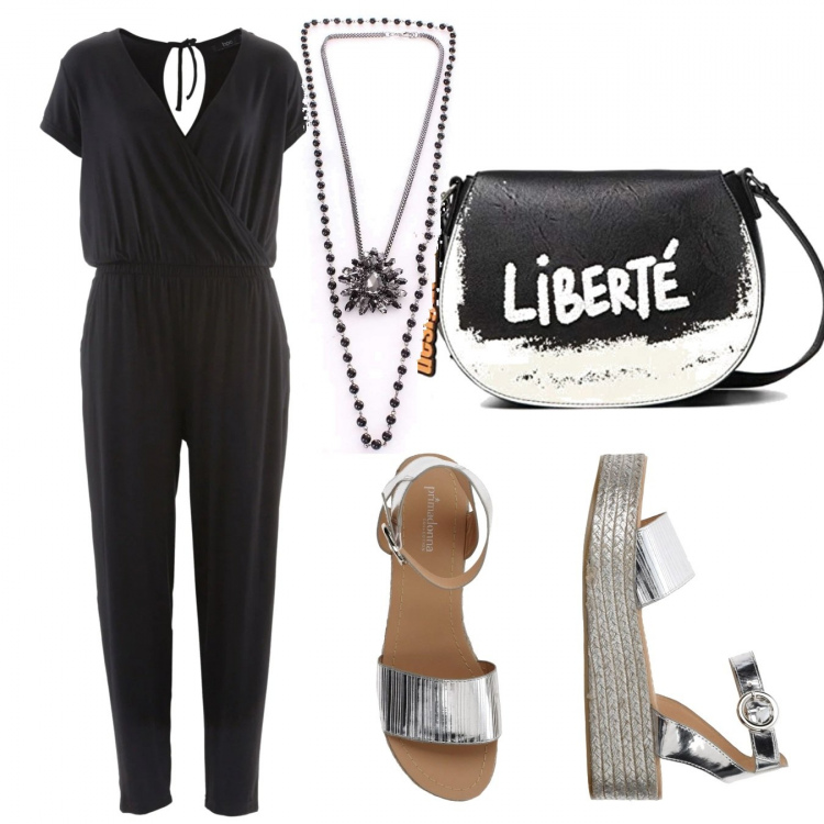 Outfit donna - Trendy #30962. Stile Trendy per Tutti i giorni. Abbinamento con tute, sandali, collane, borsa a spalla.