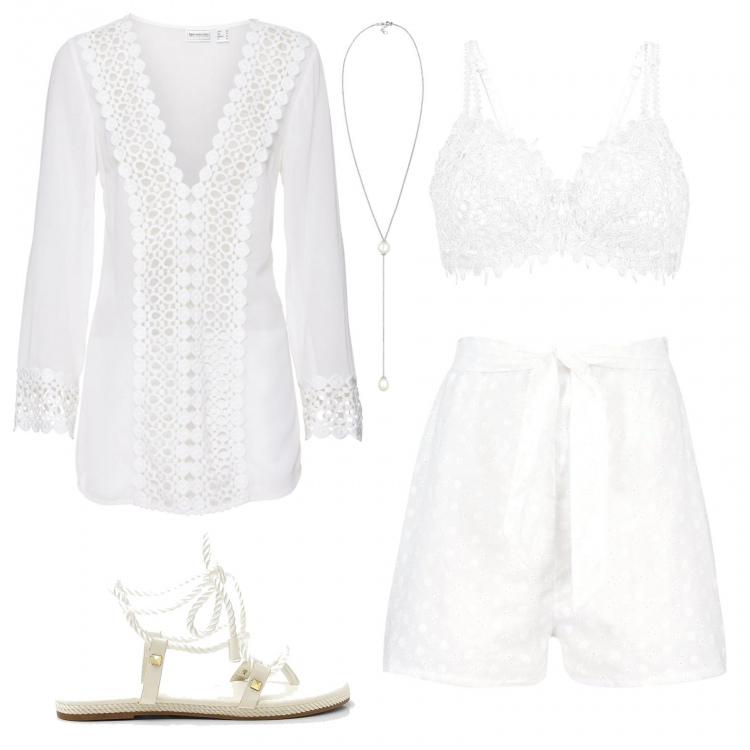 Outfit femme - En vacances : total look blanc. Style Ethnique pour Tous les jours. Assortir avec robes de plage, soutiens-gorge, sandales, colliers.