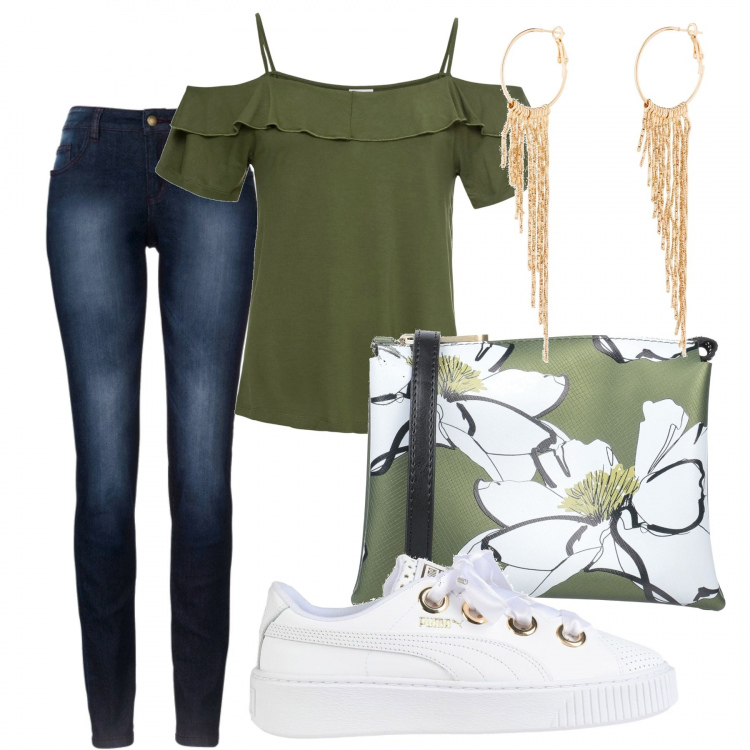 Outfit donna - Fiori bianchi. Stile Basic per Tutti i giorni. Abbinamento con jeans skinny, top, orecchini, borsa a tracolla, sneakers.