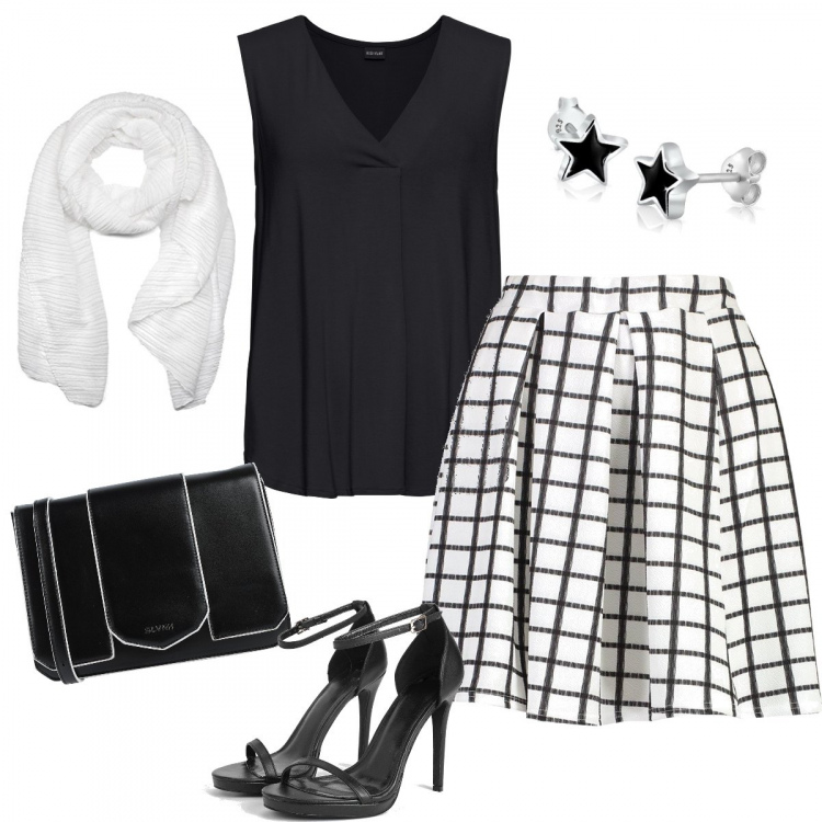 Outfit donna - Bon ton in bianco e nero. Stile Bon Ton per Ufficio. Abbinamento con top, borse a spalla, gonna, scarpe col tacco, orecchini, foulard.