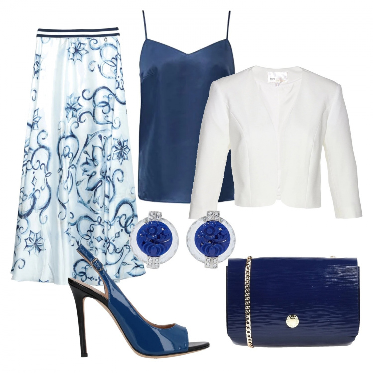Outfit donna - Bon Ton #14851. Stile Bon Ton per Cerimonia. Abbinamento con gonne lunghe, sandali, borsa a tracolla, orecchini, maglieria, camicie.