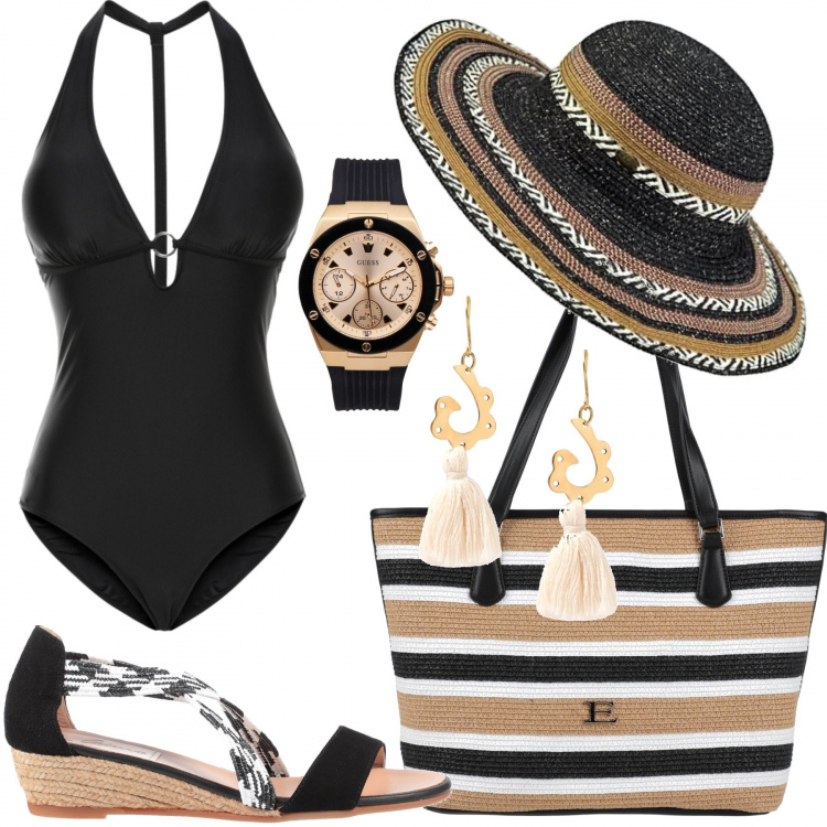 Outfit donna - Trendy #31112. Stile Trendy per Mare. Abbinamento con costumi interi, sandali col tacco, orecchini, borse a spalla, orologio, cappelli.