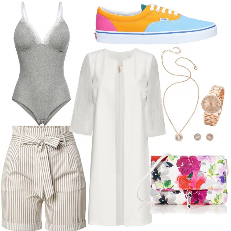 Outfit femme - Vive le printemps. Style Basique pour Tous les jours. Assortir avec vestes, blazers et manteaux, boucles d'oreilles, sacs en bandoulière, short, sneakers.