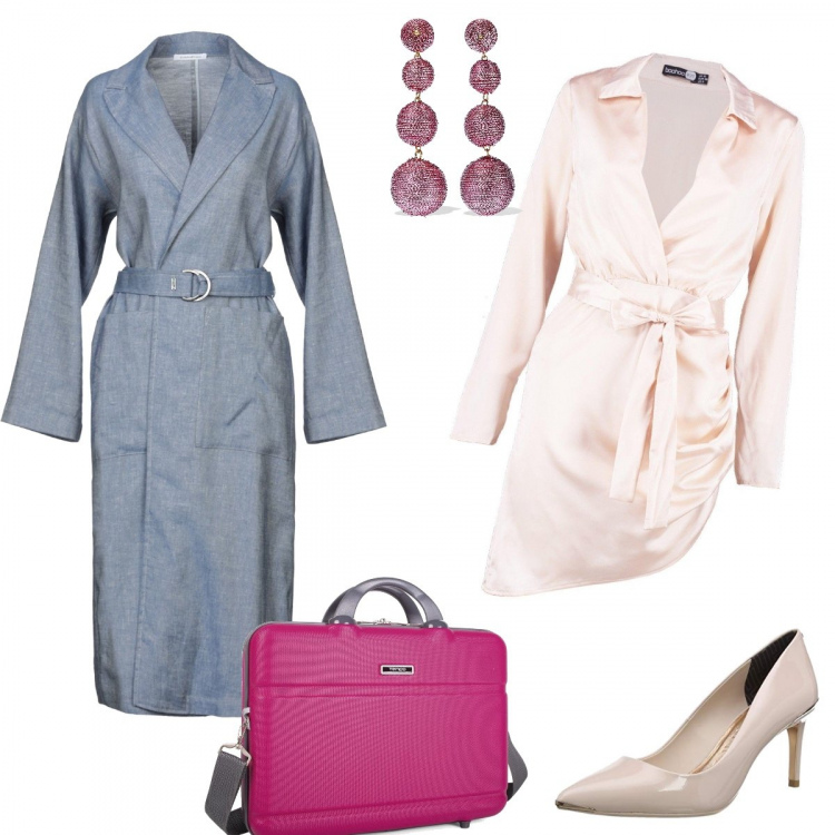 Outfit donna - Monday style fashion. Stile Sexy per Ufficio. Abbinamento con orecchini, giubbotto, vestito, valigetta, décolleté.