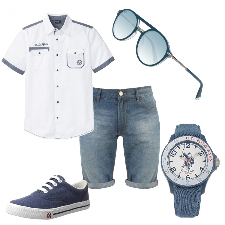 Outfit uomo - I bermuda di jeans. Stile Urban per Tutti i giorni. Abbinamento con camicie a manica corta, jeans, occhiali da sole, jeans, polo.